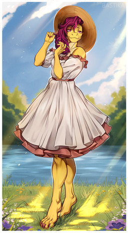 4_toes anthro barefoot biped breasts claws clothed clothed_anthro clothed_female clothing feet female finger_claws fingers front_view hair outside paws plantigrade smile solo standing toe_claws toes bastika lizard reptile scalie hi_res