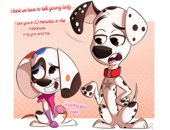 biped black_ears black_nose black_spots blue_spots blush collar duo eyebrows female feral fur heterochromatic_ears kerchief male neckerchief neckwear orange_spots patch_(marking) pawpads pink_kerchief pink_neckerchief pink_pawpads purple_paws raised_eyebrow red_collar red_spots spots text toony white_body white_fur white_spots pkbr4insh0ck_(artist) 101_dalmatian_street 101_dalmatians disney da_vinci_(101_dalmatians) dylan_(101_dalmatians) canid canine canis dalmatian domestic_dog mammal absurd_res english_text hi_res