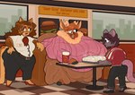 anthro belly big_belly big_breasts bottomwear breasts burger clothed clothed_anthro clothed_female clothing employee employee_uniform eyewear fast_food fast_food_employee fast_food_restaurant fast_food_uniform female female_anthro fluffy food fur glasses group hair horn huge_belly looking_at_another morbidly_obese morbidly_obese_anthro morbidly_obese_female neck_tuft obese obese_anthro obese_female open_mouth overweight overweight_anthro overweight_female restaurant smile standing tail text thick_thighs topwear trio tuft catboyz cinnamon_(wackywalrus270) mika_(catboyz) antelope bovid bovine domestic_cat felid feline felis mammal mouse murid murine rodent siberian_cat spiral-horned_antelope absurd_res digital_media_(artwork) english_text hi_res