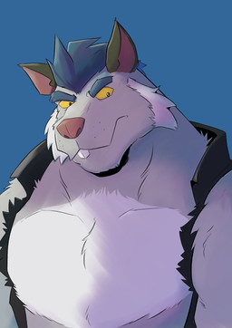 anthro biped blue_background blue_hair clothed clothing fur grey_body grey_fur hair male pink_nose simple_background solo white_body white_fur changedbass brok_the_investigator cowcat_games squealers_chief mammal murid murine rat rodent 2026 absurd_res hi_res