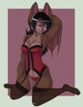 anthro basque blue_eyes clothed clothing corset ear_piercing fangs female garter_straps hair legwear lingerie looking_at_viewer membrane_(anatomy) membranous_wings panties piercing seductive skimpy solo stockings teeth topwear underwear wings aimi aurora_(sulferdragon) bat mammal digital_media_(artwork) hi_res shaded