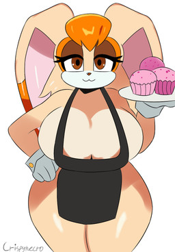 anthro apron apron_only bedroom_eyes big_breasts breasts clothing cupcake female food fur holding_food holding_object looking_at_viewer mature_female narrowed_eyes seductive solo tan_body tan_fur crispynecro sega sonic_the_hedgehog_(series) vanilla_the_rabbit lagomorph leporid mammal rabbit hi_res
