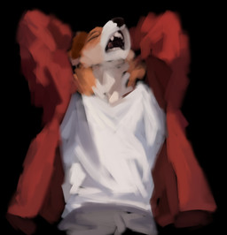anthro black_background black_nose bottomwear brown_body brown_fur clothed clothing eyebrows eyes_closed front_view fully_clothed fur grey_bottomwear grey_clothing jacket male multicolored_body multicolored_fur open_clothing open_jacket open_mouth open_topwear orange_body orange_fur red_clothing red_jacket red_topwear shirt simple_background snout solo standing teeth topwear white_body white_clothing white_fur white_shirt white_topwear willituah winterfrost_(winterfrost) canid canine canis domestic_dog mammal 2024 absurd_res digital_media_(artwork) half-length_portrait hi_res portrait