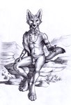 5_fingers animal_genitalia anklet anthro armlet armor balls beckoning belt biped cheek_tuft chest_tuft choker claws day digitigrade dipstick_tail ear_piercing ear_ring facial_tuft fangs finger_claws fingers fur genitals gesture hand_on_leg inner_ear_fluff jewelry looking_at_viewer male markings necklace on_rock outside pawpads paws piercing plant ring_piercing rock sash sheath sitting sitting_on_rock smile solo tail tail_markings teeth toe_claws tuft vambrace 0laffson canid canine canis coyote mammal 2024 graphite_(artwork) hi_res monochrome signature traditional_media_(artwork)