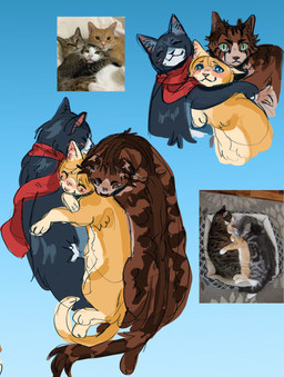 ambiguous_gender black_body black_fur blue_background blue_eyes brown_body brown_fur cuddling eye_contact feral feralized fluffy fur green_eyes grey_body grey_fur group happy long_tail looking_at_another looking_at_viewer multicolored_body multicolored_fur red_scarf scarf simple_background size_difference smile spooning striped_body striped_fur stripes tail trio white_body white_fur yellow_body yellow_fur azulmagpie attack_on_titan armin_arlert eren_jaeger mikasa_ackerman domestic_cat felid feline felis mammal hi_res