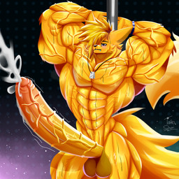 abs anthro ball_tuft balls bed_sheet bedding biceps big_muscles big_penis blonde_hair bodily_fluids cum cumshot dancing dog_tags dripping ejaculation erection fur genital_fluids genitals hair huge_muscles huge_penis hyper hyper_genitalia hyper_muscles hyper_penis jewelry long_tail male muscular muscular_anthro muscular_arms muscular_male muscular_thighs necklace nude obliques pecs penis pole pole_dancing pose precum precum_drip purple_eyes solo standing sweat tail thick_thighs tuft vein veiny_arms veiny_muscles veiny_penis yellow_body yellow_fur taiko-sihori canid canine fennec_fox fox mammal true_fox 1:1 hi_res