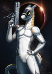 anthro cosmic_background featureless_crotch gun hand_on_hip holding_object holding_weapon looking_away machine male nude nude_anthro nude_male ranged_weapon shotgun solo space space_background standing tail weapon azsola half-life half-life_alyx valve synti android robot synth_(vader-san) 2023 hi_res