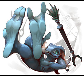 anthro black_bars claws feet fin foot_focus gills male nude paws smile soles solo staff teeth toes kredri fish marine letterbox