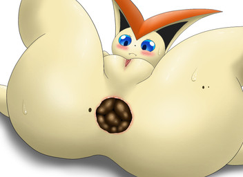 anthro anus anus_focus blush bodily_fluids butt butt_focus crowning_feces feces feces_in_ass female female_pooping frown genitals looking_down low-angle_view lying markings mole_(marking) on_back orange_ears pink_anus pooping simple_background solo spread_legs spreading sweat tan_body teeth vulva white_background worm's-eye_view drain_scat nintendo pokemon generation_5_pokemon legendary_pokemon pokemon_(species) victini 11:8 2024 hi_res
