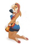 4_toes anthro ball barefoot basketball_(ball) basketball_uniform blonde_hair blue_eyes breasts buckteeth clothed clothing feet female gloves hair handwear nipples pawpads pink_pawpads scut_tail short_tail small_breasts soles solo sportswear tail teeth toes tune_squad_outfit tune_squad_outfit_(2021) uniform white_clothing white_gloves white_handwear kaurimoon looney_tunes space_jam space_jam:_a_new_legacy warner_brothers lola_bunny lagomorph leporid mammal rabbit absurd_res hi_res