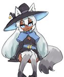 :3 animal_legs barefoot belt black_body black_fur blue_eyes blush cleavage_cutout clothed clothing cutout dark_body dark_skin ears_through_headwear feet femboy fully_clothed fur furgonomics gradient_fur hair hair_between_eyes hat headgear headwear long_hair looking_at_viewer male pupils shawl simple_background sitting smile solo white_background white_body white_fur white_hair white_pupils witch_hat chaikodog corruption_of_champions_2 berwyn animal_humanoid canid canid_humanoid canine canine_humanoid humanoid mammal mammal_humanoid 2021 colored