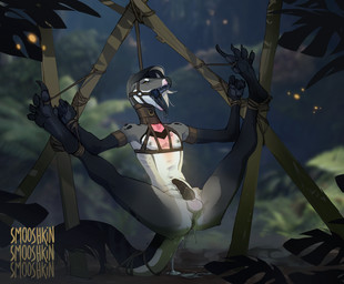 anthro anus ball_gag balls bdsm blush bodily_fluids bondage bound claws collar cum drooling erection forest gag genital_fluids genitals harness jungle legs_up lube male muzzle_(object) muzzled nude outside penis plant precum rape_rack saliva snout solo spread_legs spreading tongue tree smooshkin dinosaur dromaeosaurid hybrid prehistoric_species reptile scalie theropod 2018