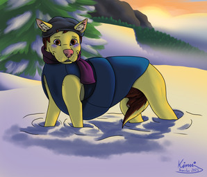 animal_genitalia animal_penis awkward awkward_smile blue_blush blue_clothing blush brown_body brown_fur canine_genitalia canine_penis clothed clothed_feral clothing coat cold earhole feral fir_tree fog forest fully_sheathed fur genitals hat headgear headwear hill looking_at_viewer male mountain penis plant purple_scarf scarf sheath snow solo standing sunset tail tail_between_legs tail_on_sheath topwear tree yellow_body yellow_fur kinaj nick_(kinaj) canid canine canis domestic_dog mammal hi_res
