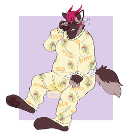 3_toes 4_fingers ambiguous_gender anthro blush blush_lines bodily_fluids brown_body brown_ears brown_fur brown_nose brown_pawpads brown_sclera brown_tail bubble clothed clothing curly_hair diaper diaper_peekage diaper_under_clothing feet fingerless_(marking) fingers fist frown fur genital_fluids hair hand_on_knee hand_on_leg head_horn horn inner_ear_fluff leaking_diaper narrowed_eyes one_eye_closed pajama_pants pajama_shirt pajamas pattern_clothing pawpads pink_hair pink_horn rubbing_eyes simple_background solo stained_clothing tail teeth text toes touching_face tuft unclean_diaper urine urine_pool urine_stain used_diaper wearing_diaper wet_diaper white_diaper white_inner_ear white_inner_ear_fluff slusheep mythology bri_(kalash) canid canid_demon canine demon hellhound hyena mammal mythological_canine mythological_creature hi_res japanese_text translation_request trans_(lore) trans_woman_(lore)