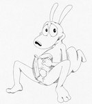 anatomically_correct anatomically_correct_genitalia animal_genitalia anthro balls erection genitals male sheath smile solo upside_down_balls illegaleel nickelodeon rocko's_modern_life rocko_rama macropod mammal marsupial wallaby hi_res monochrome