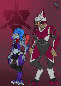 anthro arm_feathers arm_tuft armor digitigrade duo feather_hair feathered_crest feathers gun gun_on_back head_crest male mandibles orange_eyes pseudo_hair pupils ranged_weapon slit_pupils standing tuft weapon yellow_eyes 33charm halo_(series) halo_infinite microsoft xbox_game_studios alien kig-yar ruuhtian sangheili scalie hi_res