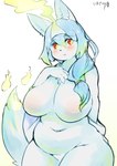 anthro big_breasts blue_body blue_fur blue_hair breasts featureless_breasts featureless_crotch female female_anthro front_view fur hair hitaikakushi hitodama kemono looking_at_viewer navel nude open_mouth orange_eyes ponytail simple_background slightly_chubby solo thick_thighs ukenya canid canine ghost mammal spirit digital_media_(artwork) hi_res