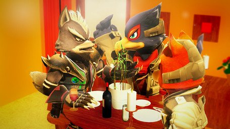 alcohol anthro beverage blue_body blue_feathers feathers food glass glistening group male plate restaurant window wine foxyking_(artist) nintendo star_fox falco_lombardi fox_mccloud wolf_o'donnell avian bird canid canine canis fox mammal wolf 3d_(artwork) digital_media_(artwork) source_request