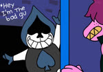 4_fingers anthro black_eyes bracelet clothed clothing dialogue door duo fingers fully_clothed hair humor jewelry male not_furry_focus parody purple_body purple_hair smile solo_focus spiked_bracelet spikes text joel_g deltarune nickelodeon spongebob_squarepants undertale_(series) lancer_(deltarune) squidward_tentacles susie_(deltarune) darkner humanoid reptile scalie 2018 animated crossover english_text no_sound short_playtime signature webm