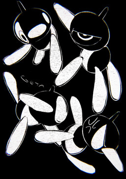 ambiguous_gender angry beak big_eyes big_head black_background cross-popping_vein eyes_closed horn looking_at_viewer multiple_poses not_furry pose simple_background solo geta_(artist) nintendo pokemon digital_creature generation_4_pokemon pokemon_(species) porygon-z 2022 black_and_white chromatic_aberration hi_res monochrome