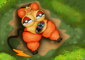 anthro belly big_breasts bikini bikini_bottom bikini_top black_clothing bottomwear breasts clothing detailed_background dirt duo female forest forest_background fusion grass hands_behind_head hat headgear headwear high-angle_view larger_female long_tail lying male nature nature_background on_back orange_body plant pokeball pokeball_clothing pokeball_print pokeball_symbol pokemon_fusion purple_body red_bottomwear red_clothing red_hat red_headwear relaxing resting_on_belly resting_on_partner shrub size_difference smaller_male swimwear tail tan_body thick_thighs tree two-piece_swimsuit tellybot nintendo pokemon bat generation_1_pokemon generation_3_pokemon hybrid mammal pokemon_(species) raichu slaking absurd_res hi_res