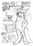 anthro book bookshelf cheek_tuft claws dialogue facial_tuft fangs female fur fur_markings furniture hands_on_hips heart_eyes heart_symbol horn inside looking_aside markings neck_tuft open_mouth paws simple_background standing tail teeth text tuft white_background kazuteru_inui canid canine canis mammal wolf comic monochrome sketch traditional_media_(artwork)