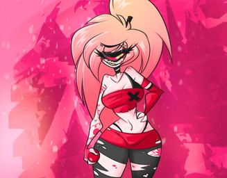 1_eye bangs bomb bra_strap explosives eyebrows eyelashes female hair long_eyelashes smile solo teeth thick_thighs thong_straps underwear_straps yellow_teeth cycoriot hazbin_hotel hellaverse cherri_bomb_(hazbin_hotel) demon 2022