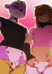 anthro balls bulge clothed clothing duo femboy flaccid foreskin genitals looking_at_viewer low-angle_view male penis small_penis doxy marty_(onta) taylor_(onta) badger canid canine canis domestic_dog mammal mustelid musteline hi_res