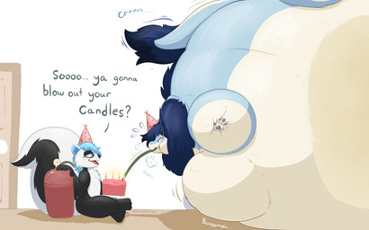 belly big_belly black_body black_fur blue_body blue_eyes blue_fur blue_hair candle clothing dialogue eyes_closed fur hair hat headgear headwear helium_inflation helium_tank hose hose_in_mouth hose_inflation huge_belly hyper hyper_belly hyper_inflation immobile inflation moobs onomatopoeia party_hat sound_effects spherical_inflation teasing text white_body white_fur crestdraggy mythology jettrax skonky dragon mammal mephitid mythological_creature mythological_scalie scalie skunk 16:10 2025 absurd_res english_text hi_res widescreen