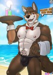 anthro beach black_leather body_hair bow_tie bulge clothing happy_trail jockstrap male muscular nipples pubes public public_nudity solo underwear waiter bashbl-ux canid canine canis mammal wolf hi_res