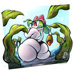 anthro biped blush blush_lines border butt clothed clothing eyelashes female green_hair hair hat headgear headwear heart_eyes heart_symbol looking_back low-angle_view monotone_body outside panties partially_submerged plant rear_view red_sclera seaweed solo tail tentacles text underwear water white_body white_border white_tail flimshadow electronic_arts plants_vs._zombies popcap_games cattail_(pvz) elemental_creature flora_fauna 1:1 2023 artist_name digital_drawing_(artwork) digital_media_(artwork) hi_res