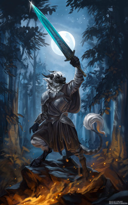 ambiguous_gender anthro armor bracers breastplate campfire cloven_hooves curved_horn forest full_moon fur gloves_(marking) hooves horn leather leather_armor leg_markings light manica mantle markings melee_weapon moon moonlight neck_tuft night outside pauldron plant plate_armor pteruges purple_eyes raised_sword rock sky socks_(marking) solo star starry_sky step_pose stripes sword tail tail_tuft text tree tuft weapon white_body white_fur idavallen raziel_(silvertiger812) chimera hybrid 2025 artist_name digital_media_(artwork) hi_res lighting