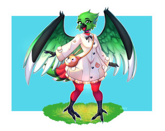 3_toes 5_fingers anthro avian_feet beak black_beak breasts choker clothed clothed_anthro clothed_female clothing feathers feet female fingers grass green_body green_eyes green_feathers happy jewelry large_wings looking_at_viewer medium_breasts necklace non-mammal_breasts pattern_clothing plant purse red_body red_feathers scuted_legs scutes simple_background smile solo standing talons thick_thighs toes wide_hips wings kira_r96 eira_(eiraryyu) avian bird corvid javan_green_magpie magpie_(corvid) oscine passerine hi_res
