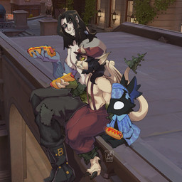 3_fingers 5_fingers anthro bare_chest barefoot beak beak_closed big_ears biped black_body black_claws black_clothing black_feathers black_fur black_hair blue_clothing blue_eyes blue_hat blue_headwear blue_pajamas blue_topwear bolt_(fastener) boots bottomless bottomless_anthro bottomless_male bottomwear brown_boots brown_bottomwear brown_clothing brown_eyes brown_footwear brown_pants chewing city city_background claws clothed clothed_female clothed_male clothing corpse detailed_background eating eating_food empty_eyes facial_piercing facial_tuft fangs feathers feet female female_anthro fingers flat_chested fluffy_ears food footwear fur group hair hat headgear headwear heterochromia holding_food holding_hot_dog holding_object horn hot_dog ketchup long_hair looking_at_another male male_anthro male_human mouth_closed multicolored_body muscular muscular_male mustard nightcap nose_piercing open_clothing open_topwear overalls pajamas pants pattern_clothing pattern_hat pattern_headgear pattern_headwear pattern_topwear piercing plant pupils red_clothing red_hat red_headwear red_suspenders seam_(sewing) septum_piercing shoes sitting size_difference slit_pupils smaller_male stitch_(sewing) striped_clothing striped_hat striped_headgear striped_headwear striped_topwear stripes suspenders tail talons tan_body teeth toes topless topless_female topless_human topless_male topwear trio tuft vines white_eyes wings yellow_eyes young young_anthro young_male wr144p deadlock_(game) mythology valve ivy_(deadlock) rem_(deadlock) victor_(deadlock) avian chimera familiar gargoyle gryphon human humanoid mammal mythological_avian mythological_creature 1:1 2026 hi_res watermark