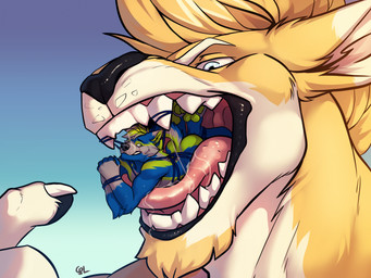 anthro anthro_on_anthro bdsm black_nose black_pawpads blonde_hair blue_body blue_eyes blue_fur bodily_fluids bondage bound butt claws duo facial_hair finger_claws fur glistening glistening_eyes goatee gradient_background green_body green_eyes green_fur hair in_mouth inside_mouth lying macro male male/male micro nude on_front oral_vore pawpads restraints rope rope_bondage saliva saliva_on_face saliva_on_tongue short_hair simple_background tan_body tan_fur vore white_body white_claws white_fur yellow_body yellow_fur solaxe_(artist) solaxe vulcan_river_wolf canid canine kangaroo macropod mammal marsupial hi_res