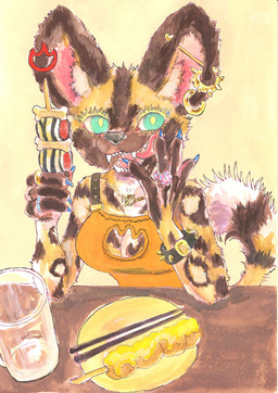 5_fingers anthro big_ears blue_eyes bracelet breasts brown_body brown_fur chopsticks claws cleavage cleavage_cutout clothed clothing colored_nails container cup cutout ear_piercing ear_ring eating fangs female fingers food fur furniture green_eyes industrial_piercing jewelry licking licking_lips looking_at_viewer markings multicolored_body multicolored_fur nails open_mouth piercing ring ring_piercing simple_background smile solo spikes spots table tail teeth tongue tongue_out tongue_piercing topwear tuft kyokyota african_wild_dog canid canine mammal 2023 absurd_res hi_res painting_(artwork) traditional_media_(artwork)