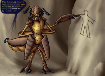 ambiguous_gender antennae_(anatomy) anthro arthropod_abdomen black_sclera cave cerci_(anatomy) claws dialogue exoskeleton gesture hair hand_gesture hands_behind_back inside looking_at_viewer mandibles multi_arm multi_eye multi_limb pointing short_hair solo speech_bubble stone_carving text yellow_eyes badday_(artist) out-of-placers arthropod indrel english_text hi_res