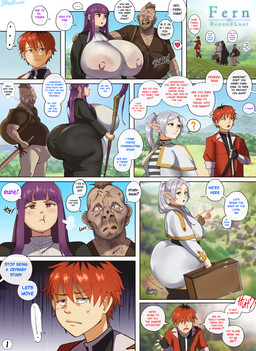 areola arm_over_shoulder big_breasts big_butt breasts brown_hair butt clothed clothing dialogue female fully_clothed group hair huge_breasts huge_butt humanoid_pointy_ears male male/female nipples not_furry not_furry_focus pointy_ears profanity purple_hair red_hair text translucent translucent_clothing ugly_bastard white_hair bittercream frieren_beyond_journey's_end fern_(frieren) frieren stark_(frieren) elf human humanoid mammal comic english_text hi_res