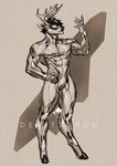 2021 android anthro antlers deer demitsorou featureless_crotch glistening glistening_body hand_on_hip hi_res hooved_digitigrade hooves horn machine male mammal monochrome nude robot simple_background solo standing