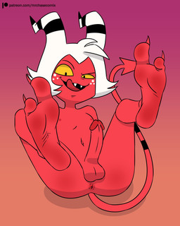 2_toes anthro anus balls erection feet freckled_face freckles genitals glans hair horn male navel nipples not_furry nude penis red_body soles spade_tail tail toes white_hair yellow_sclera mrchasecomix hellaverse helluva_boss mythology moxxie_(helluva_boss) demon humanoid imp mythological_creature 4:5 hi_res