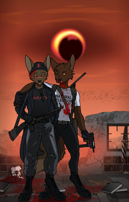 athletic blood blush bodily_fluids boots carbine clothing combat_boots duo dystopia eclipse fingerless_gloves footwear gloves glowing glowing_eyes gore grimdark gun handwear hell hi-point_995 holding_gun holding_object holding_ranged_weapon holding_weapon kerchief library machine_pistol male massacre outside politics ranged_weapon shirt shoes shotgun stevens_model67 tail tec9-mini topwear weapon aleone columbine hi-point_firearms dylan_klebold eric_harris canid canine canis jackal mammal 2019 english_description
