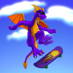 3_toes 4_fingers anthro claws cloud countershading duo eyewear feet feral fingers flying foot_focus grin horn insect_wings male membrane_(anatomy) membranous_wings multicolored_body multicolored_scales multicolored_tail orange_wings outside paws purple_body purple_scales purple_tail scales size_difference skateboard sky smile soles solo sunglasses tail teeth toe_claws toes two_tone_body two_tone_scales vehicle white_claws wings yellow_body yellow_countershading yellow_horn yellow_scales yellow_wings diablo_the_rex activision european_mythology mythology spyro_the_dragon sparx spyro arthropod dragon dragonfly insect mythological_creature mythological_scalie scalie western_dragon 1:1 absurd_res digital_media_(artwork) hi_res