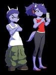 anthro clothed clothing crossed_arms dreadlocks duo electronics facial_horn female hair headphones horn looking_at_viewer male markings oversized_clothing phone pupils purple_body purple_eyes purple_hair simple_background slit_pupils transparent_background cavemanon cavemanon_studios snoot_game the_boondocks chondra_(snoot_game) riley_(snoot_game) ceratopsian dinosaur ornithischian prehistoric_species reptile scalie triceratops alpha_channel hi_res