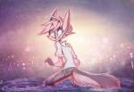 2016 anthro blush clothed clothing dreamkeepers faustisse female fluffy fluffy_tail fur gloves_(marking) long_tail looking_back mammal markings partially_submerged pink_body pink_fur shirt solo startled surprise tail topwear viriathus_vayu