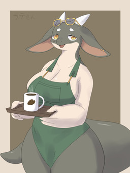 anthro apron apron_only beverage big_breasts breasts claws cleavage clothed clothing coffee coffee_mug container cup ear_piercing ear_ring eyebrows eyewear eyewear_on_head female finger_claws floppy_ears glasses green_apron green_clothing grey_body half-closed_eyes horn looking_at_viewer multicolored_body narrowed_eyes open_mouth orange_eyes piercing pupils ring_piercing simple_background slit_pupils smile snout solo sunglasses sunglasses_on_head tail tan_body text thick_tail thick_thighs two_tone_body white_eyebrows coel_(artist) mythology latte_(sme4) dragon mythological_creature mythological_scalie scalie hi_res japanese_text portrait three-quarter_portrait