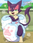 absurd_res ambiguous_gender big_diaper bunnykisses clothing cloud dialogue diaper feral generation_5_pokemon hi_res holding_object looking_at_viewer nintendo open_mouth outside paws plant pokemon pokemon_(species) poof purrloin sky solo standing teeth tongue tree wall_(structure)