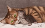 ambiguous_gender brown_body brown_fur dark_body dark_fur duo eyes_closed feral fur green_eyes simple_background stripes young young_feral insaneproxy_(artist) domestic_cat felid feline felis mammal hi_res