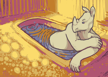 anthro arms_bent bath blue_eyes detailed_background half_submerged hand_on_arm hand_on_own_arm head_turned holding_arm horn leaning leaning_forward leaning_on_edge looking_away male partially_submerged slightly_chubby solo water oce mammal rhinoceros