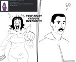 5_fingers anthro big_breasts bone_frill breasts claws cleavage clothed clothing dialogue dress duo elderly elderly_anthro elderly_female facial_hair female finger_claws fingers frill_(anatomy) front_view male mature_anthro mature_female mustache open_mouth text espectro111222 4chan cavemanon_studios snoot_game alexandria_(snoot_game) freddie_mercury dinosaur hadrosaurid human mammal ornithischian ornithopod parasaurolophus prehistoric_species reptile scalie 2025 artist_name english_text hi_res monochrome sketch watermark