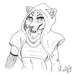 anthro armwear chest_wraps clothing female fishnet_armwear fishnet_clothing hood leopard_spots simple_background solo spots white_background wraps wolfpsalm ta'liana felid feline leopardus mammal ocelot 2023 absurd_res hi_res monochrome pen_(artwork) portrait traditional_media_(artwork)